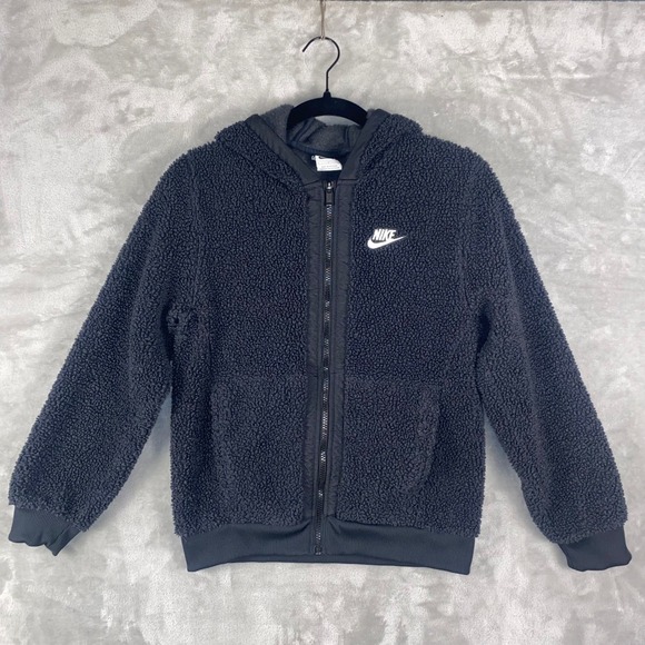 Nike Fleece Full Zip Hoodie Teddy Bear Jacket Black Kids L - Picture 1 of 12